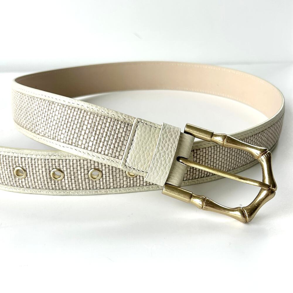 J.McLaughlin Jayla Grasscloth White Leather Raffia Belt Gold Bamboo Buckle M - Picture 12 of 15